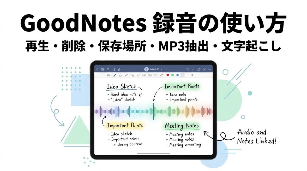 GoodNotesの録音機能（ノート同期・再生・削除・保存場所・MP3抽出・文字起こし）をまとめたアイキャッチ画像