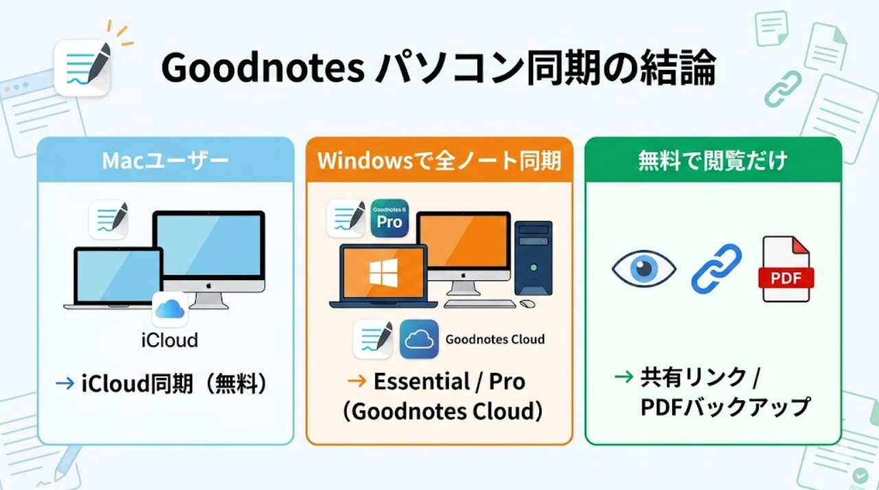 GoodnotesをMac・Windowsで同期する最適な方法のまとめ図