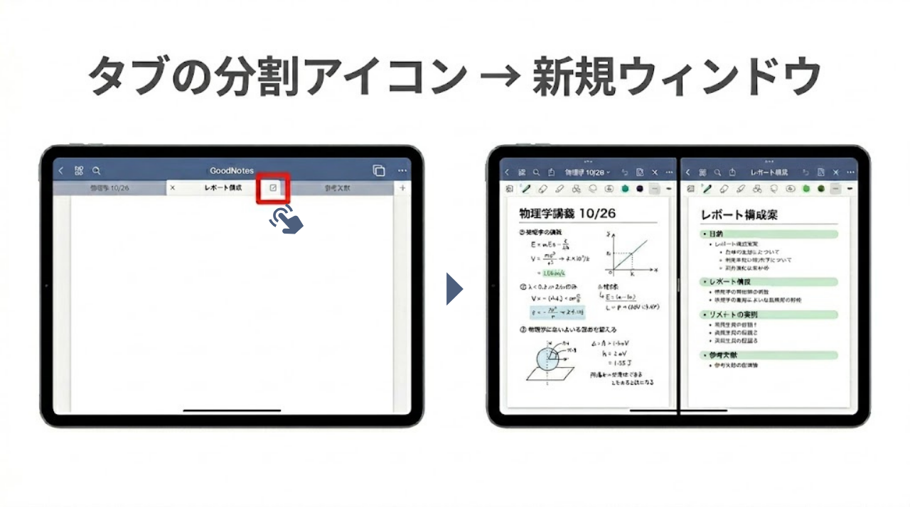 GoodNotesのタブから新しいウィンドウを開く操作