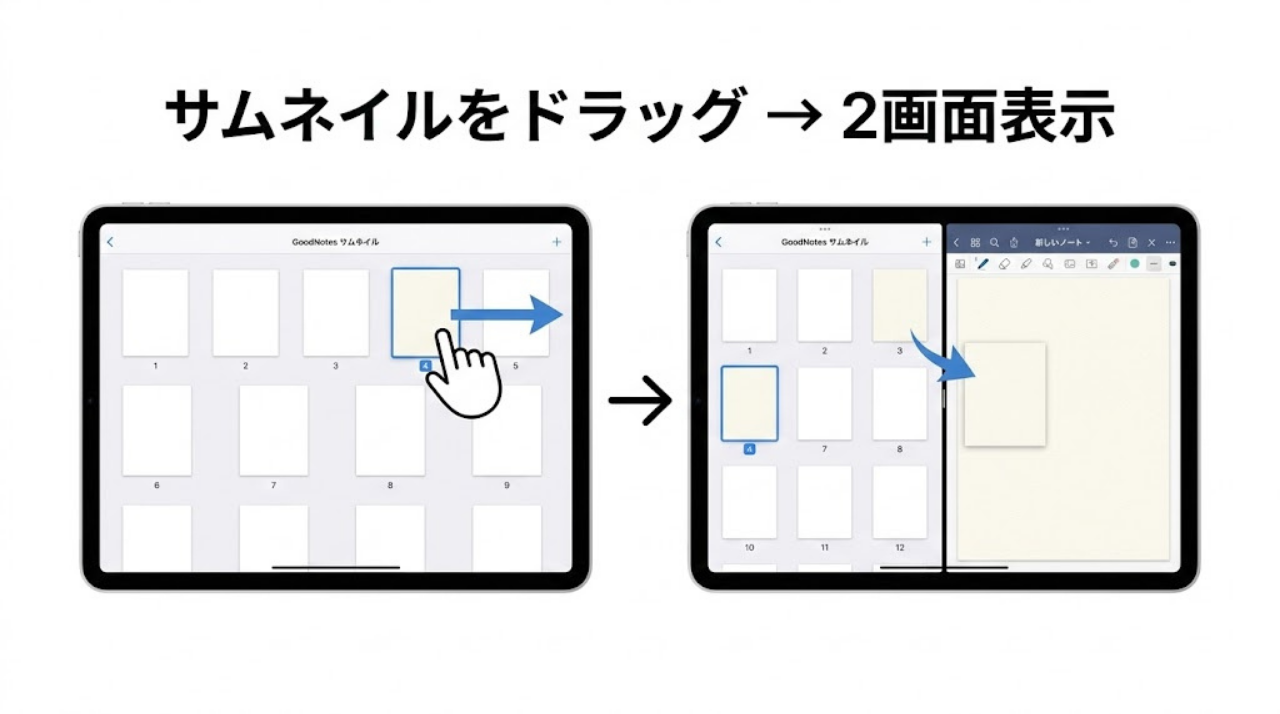 GoodNotesのサムネイルをドラッグしてSplit Viewを作る操作
