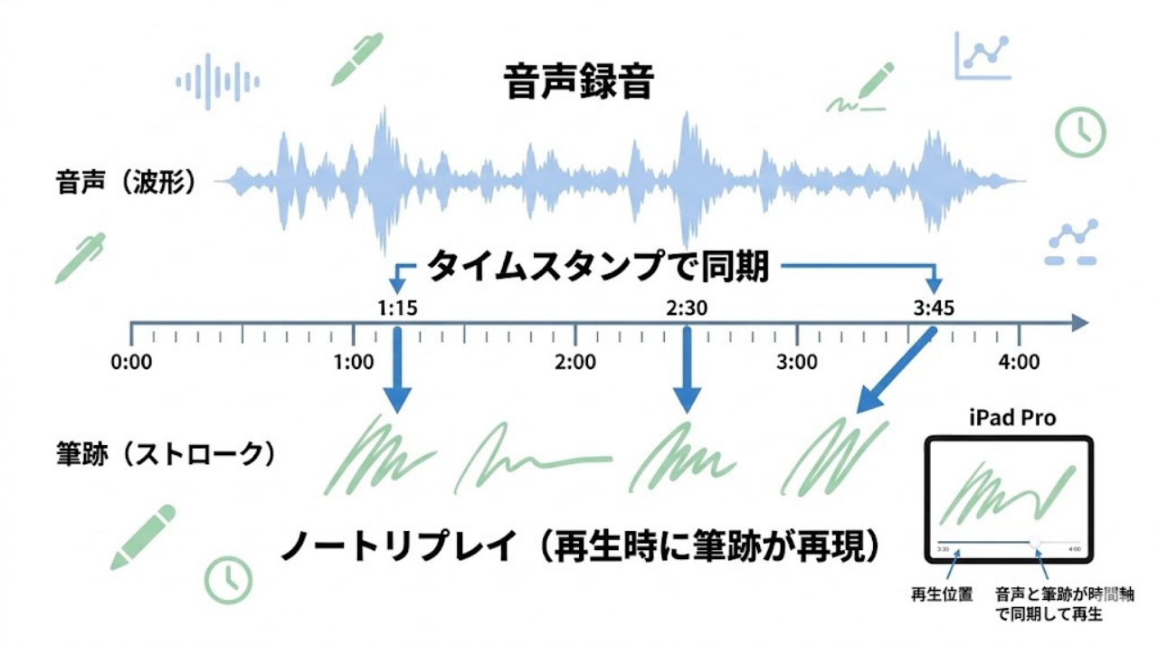 録音と手書き筆跡がタイムスタンプで同期する仕組み（ノートリプレイの概念図）