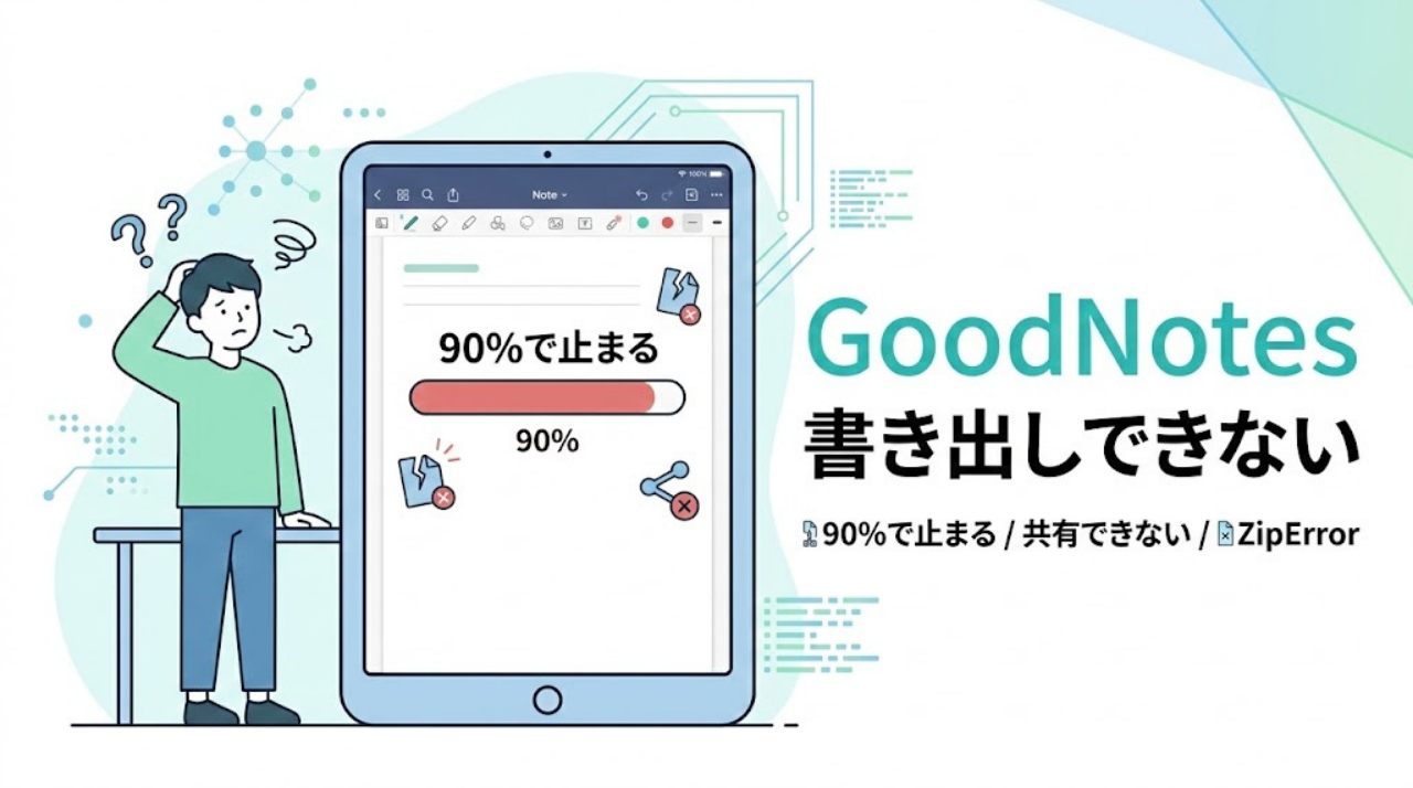 GoodNotesで書き出しできないトラブルのイメージ（90%で止まる・共有できない）