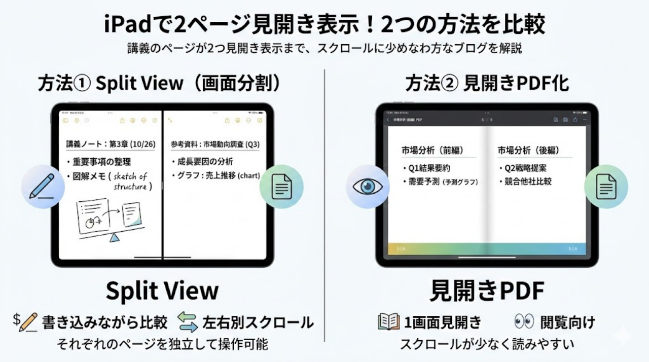 GoodNotesの2ページ表示方法の比較(Split Viewと見開きPDF)