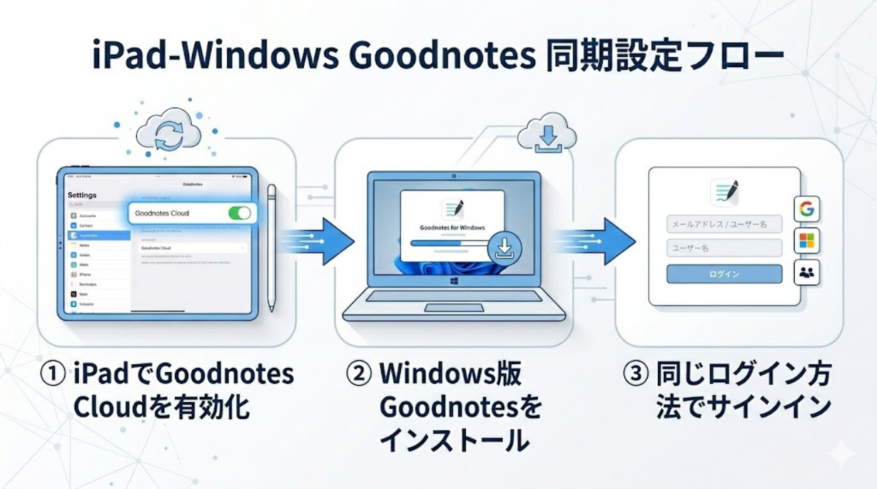 GoodnotesをiPadからWindowsへ同期する手順図