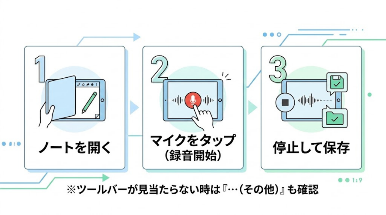 GoodNotes録音の最短手順3ステップ（ノートを開く→マイクをタップ→停止して保存）