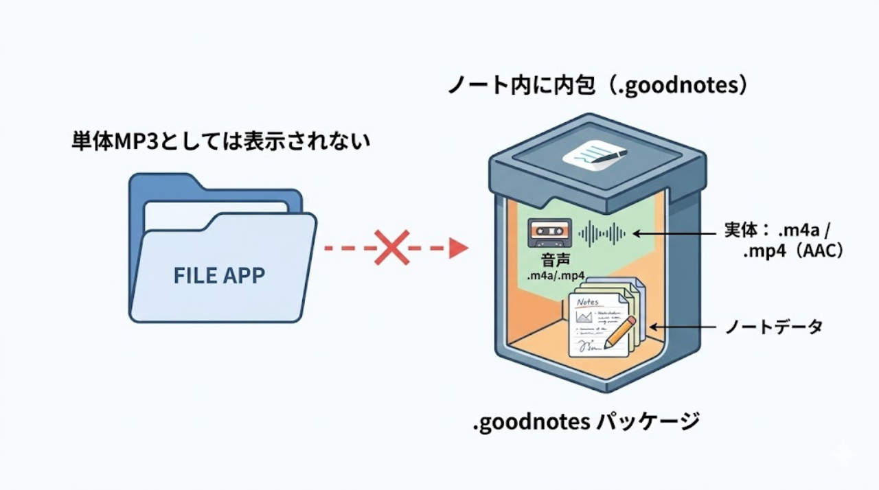 録音音声は.goodnotes内に内包され単体MP3としてファイルアプリに出ないことを示す図