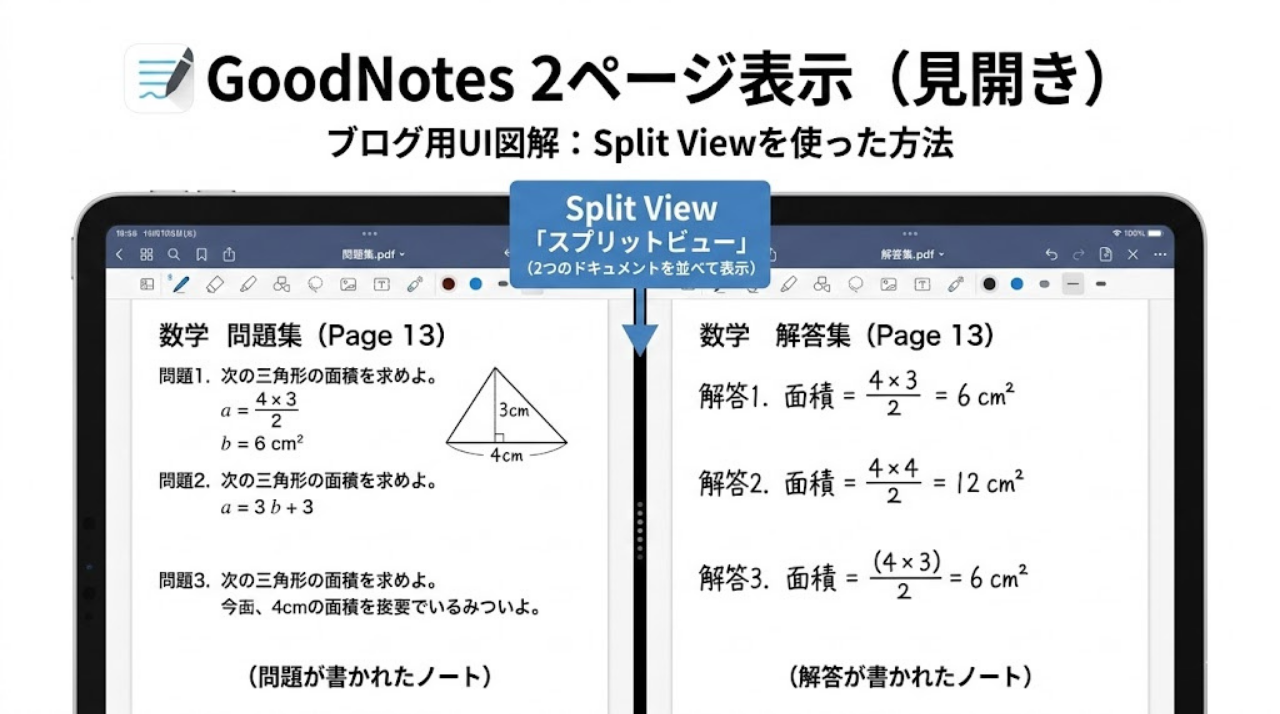 GoodNotesで2ページ表示（見開き表示）するイメージ図