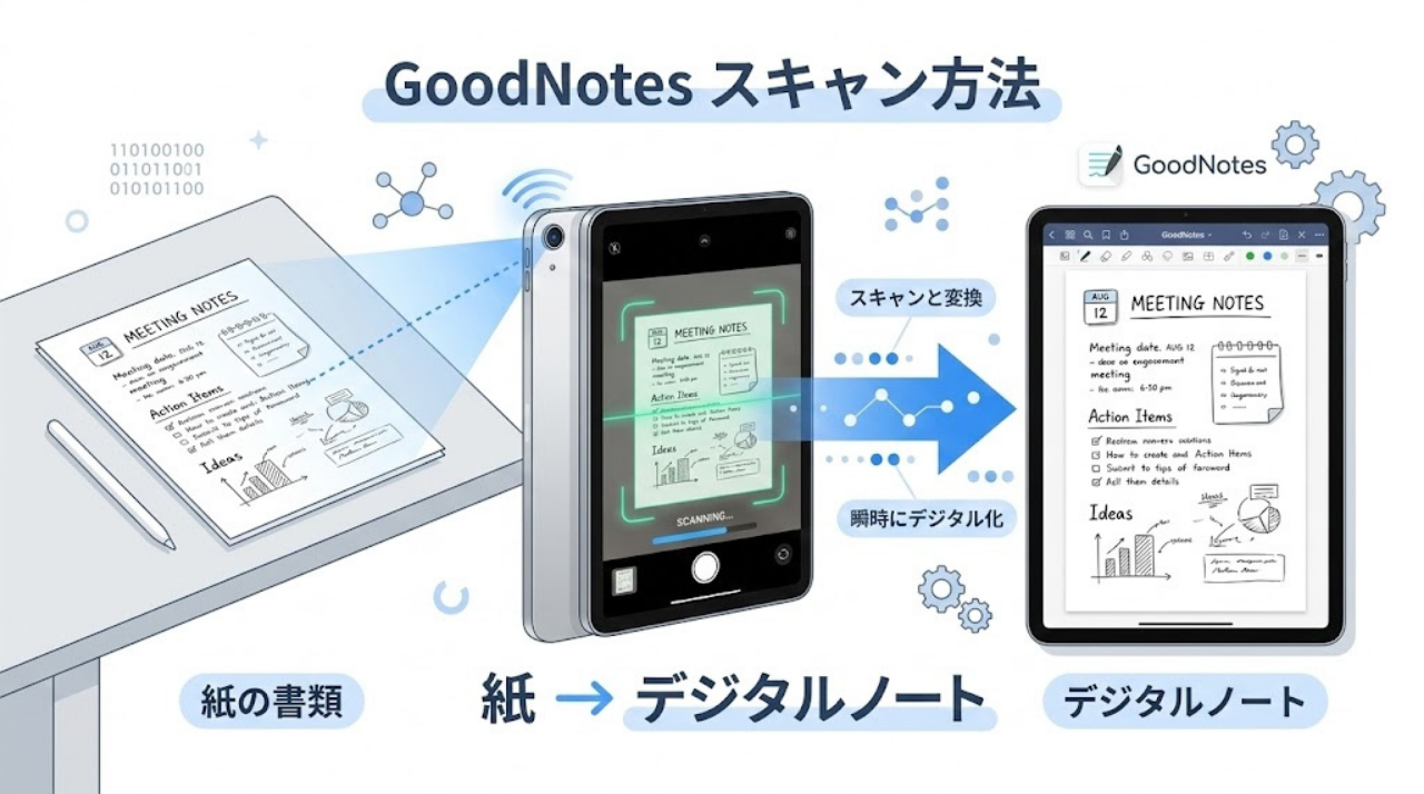 GoodNotesで書類をスキャンしてiPadに取り込むイメージ