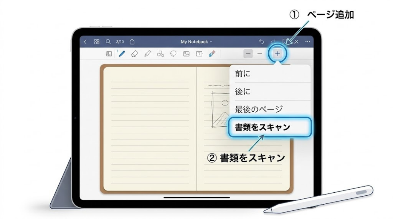 GoodNotesの既存ノートにスキャンした書類を追加する操作イメージ