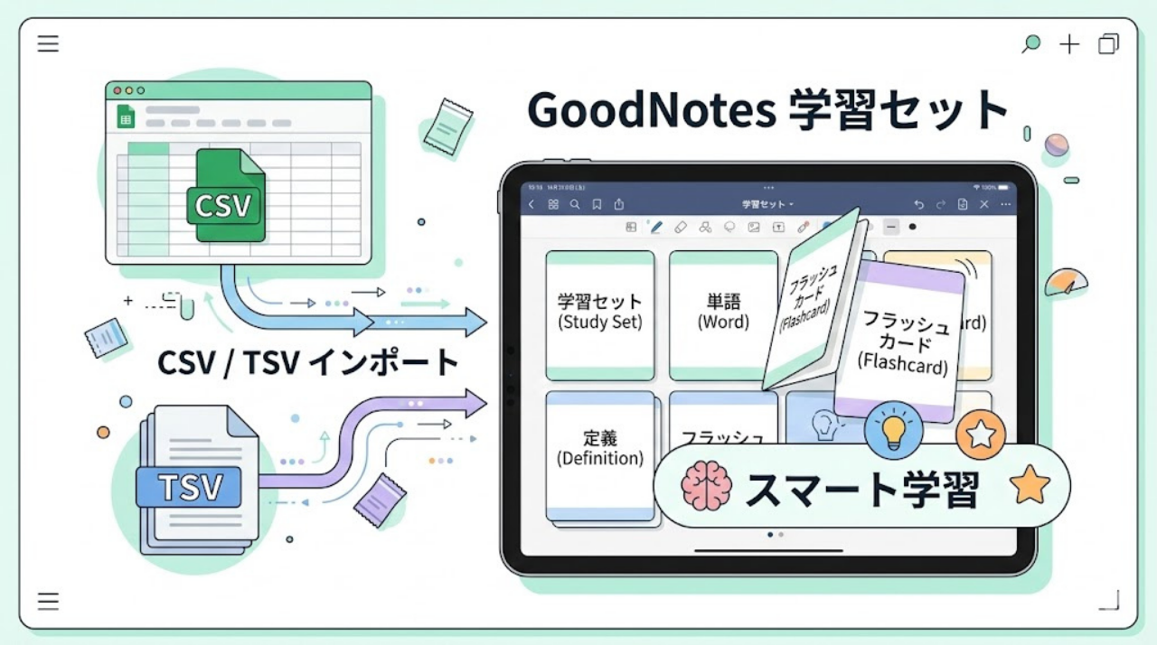 GoodNotes 学習セット CSV TSV インポート解説図