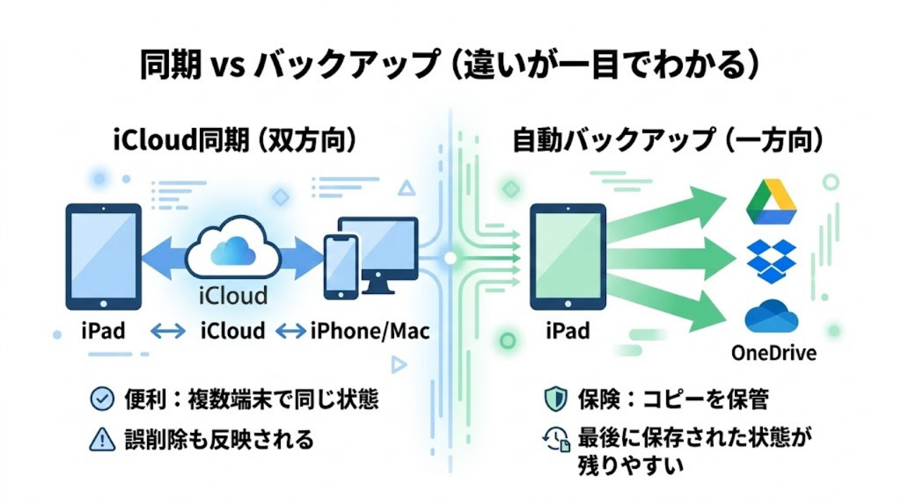 iCloud同期（双方向）と自動バックアップ（一方向）の違いを示す概念図