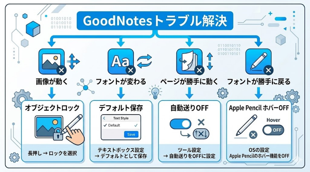 GoodNotesのトラブル別の対処方法まとめ図