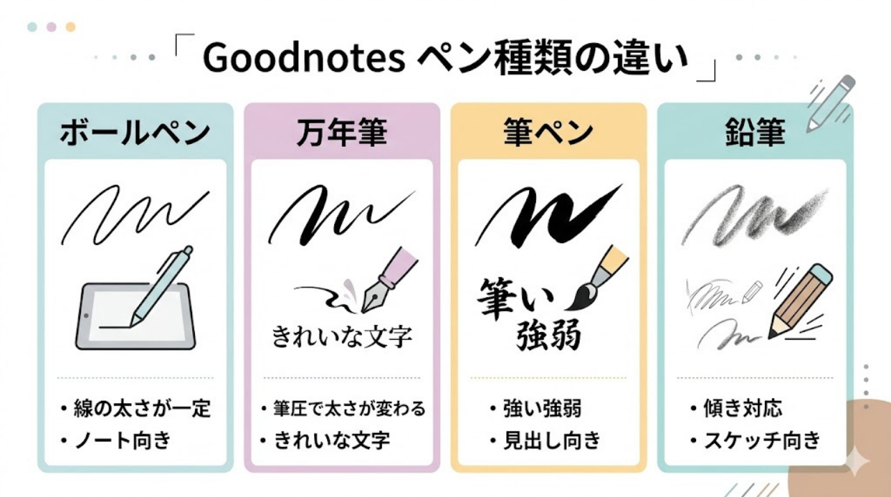 Goodnotesのペン種類の違いを比較したインフォグラフィック