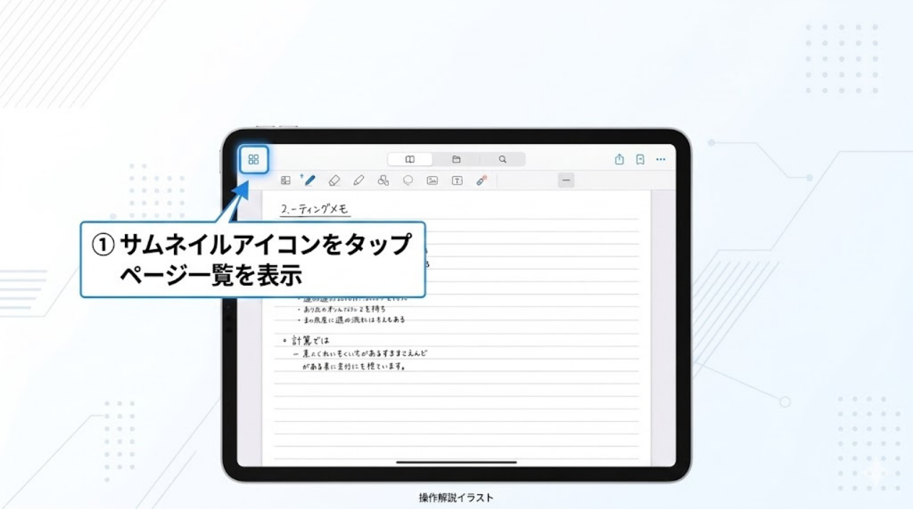 GoodNotesのサムネイル表示を開く田の字アイコン