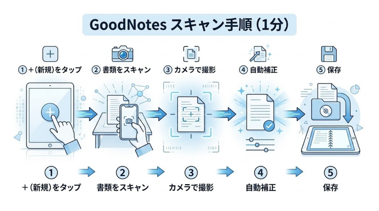 GoodNotesで書類をスキャンする5ステップの手順図