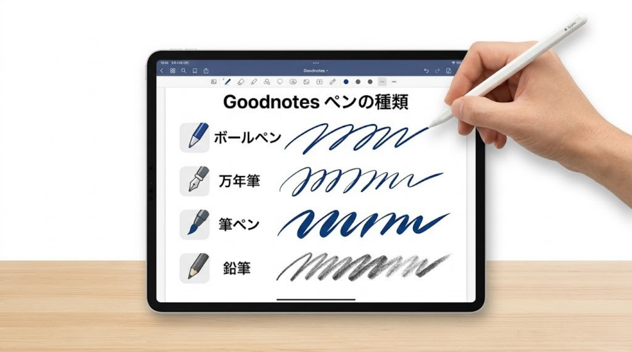 Goodnotesのペンの種類（ボールペン・万年筆・筆ペン・鉛筆）の比較イメージ
