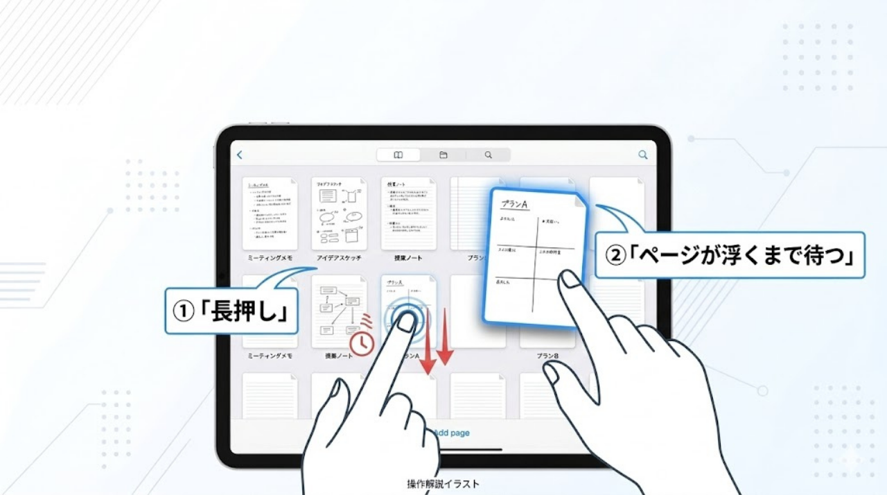 GoodNotesでページを長押しして浮き上がる状態