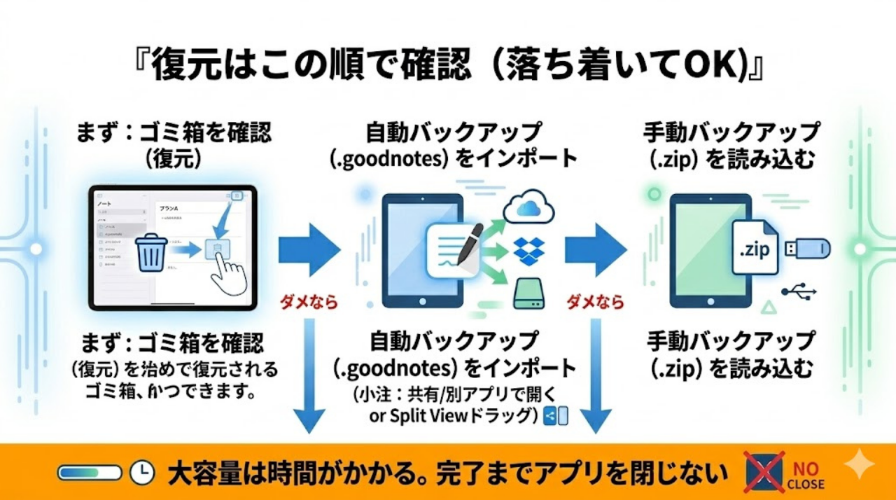 自動バックアップ・手動バックアップ・ゴミ箱からの復元フロー図