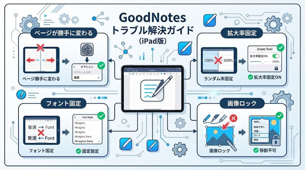 GoodNotesの画像ロック・フォント固定・ページが勝手に変わる対策の図解