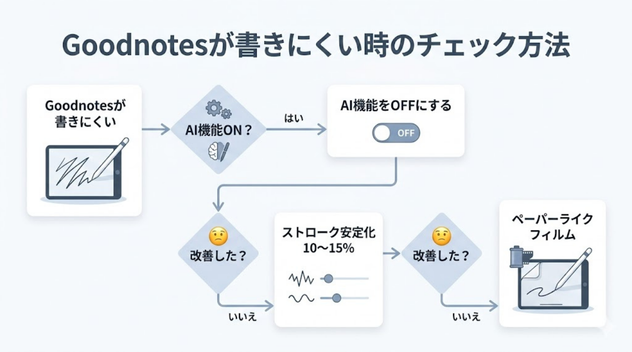 Goodnotesが書きにくい時の原因チェックフローチャート