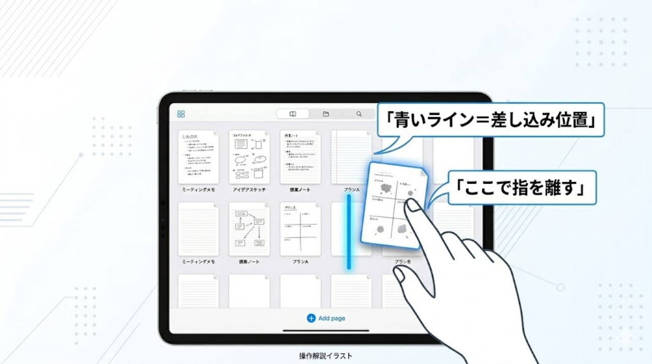 GoodNotesのページ挿入位置を示す青いライン