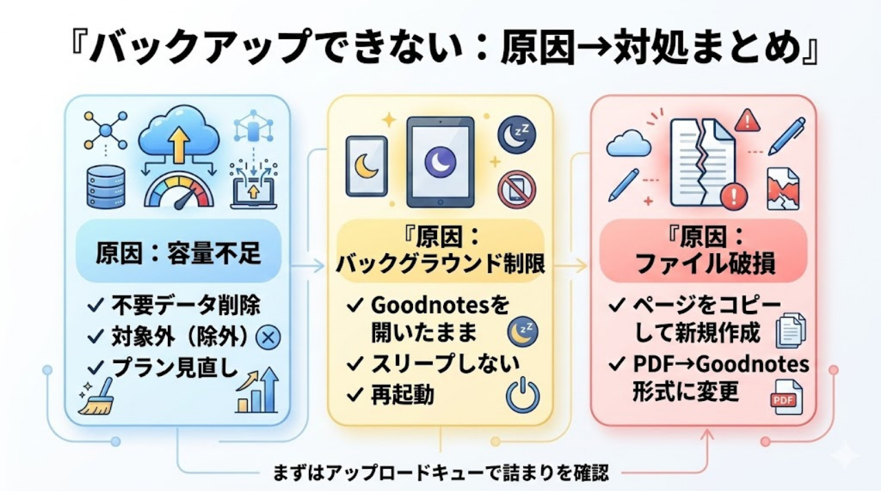 Goodnotesバックアップできない原因と対処（容量不足・バックグラウンド制限・破損）