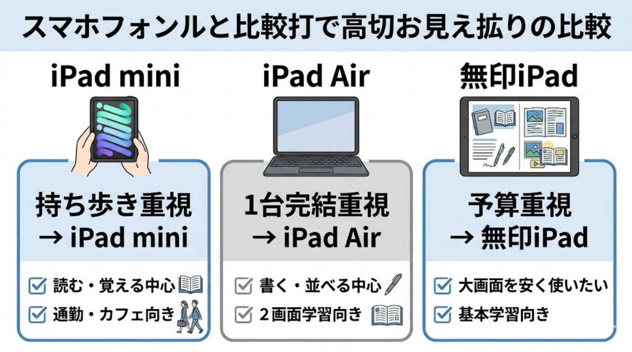 iPad miniとiPad Airと無印iPadの選び方を3択で整理した比較インフォグラフィック