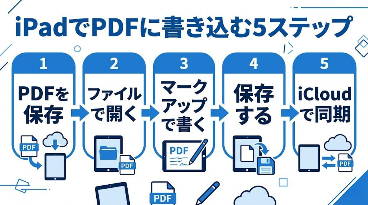 iPadでPDFに書き込みして勉強する5ステップを示したフロー図