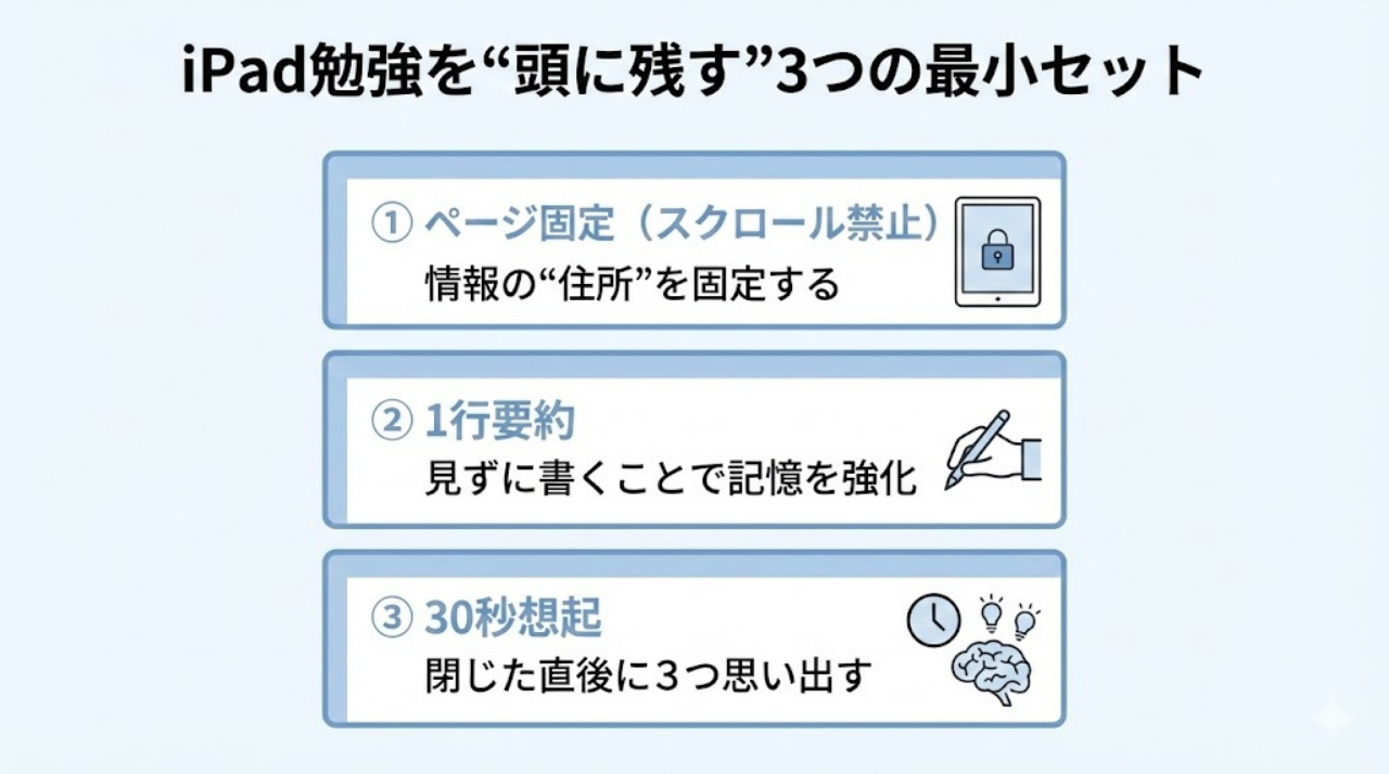 iPad学習で記憶に残すための3つのルールをまとめた図