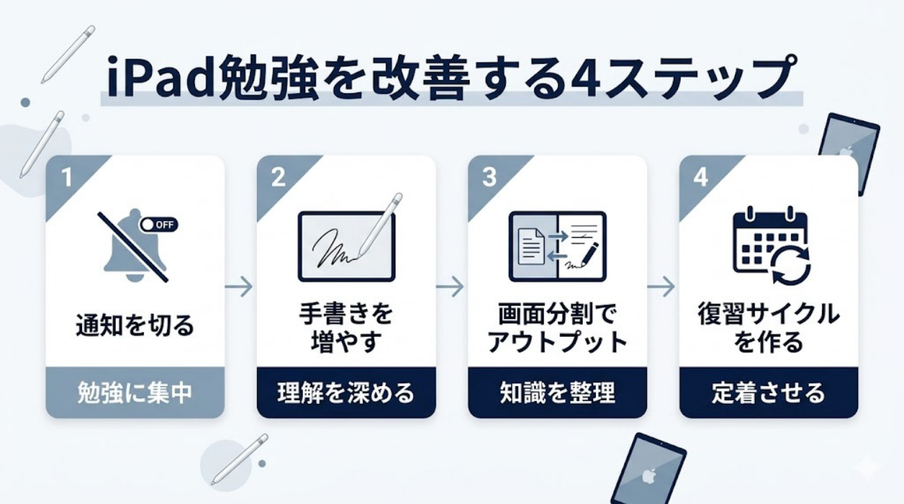 iPad勉強を改善する4ステップを示した日本語フローチャート画像
