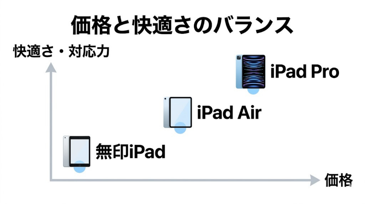 無印iPad、iPad Air、iPad Proを価格と快適さのバランスで配置した用途マップ