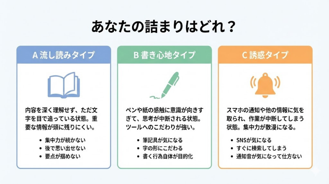 iPad勉強の詰まりタイプを3分類した診断図