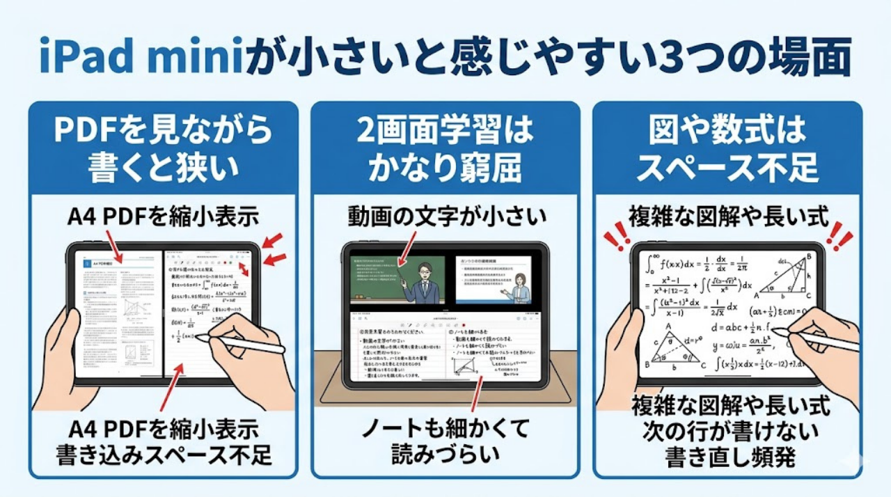 iPad miniが勉強に小さいと感じやすい3つの場面を示した図解画像