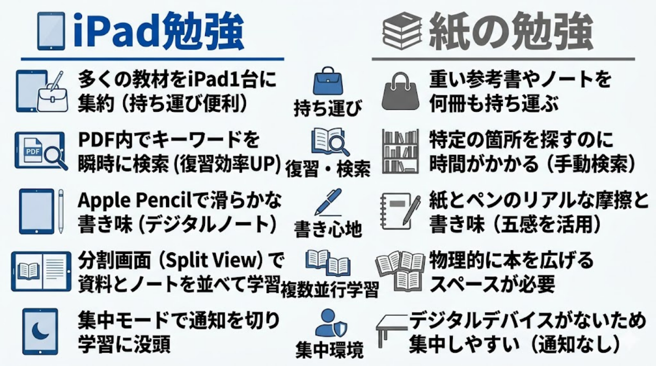 iPad勉強と紙の勉強の違いを比較したインフォグラフィック