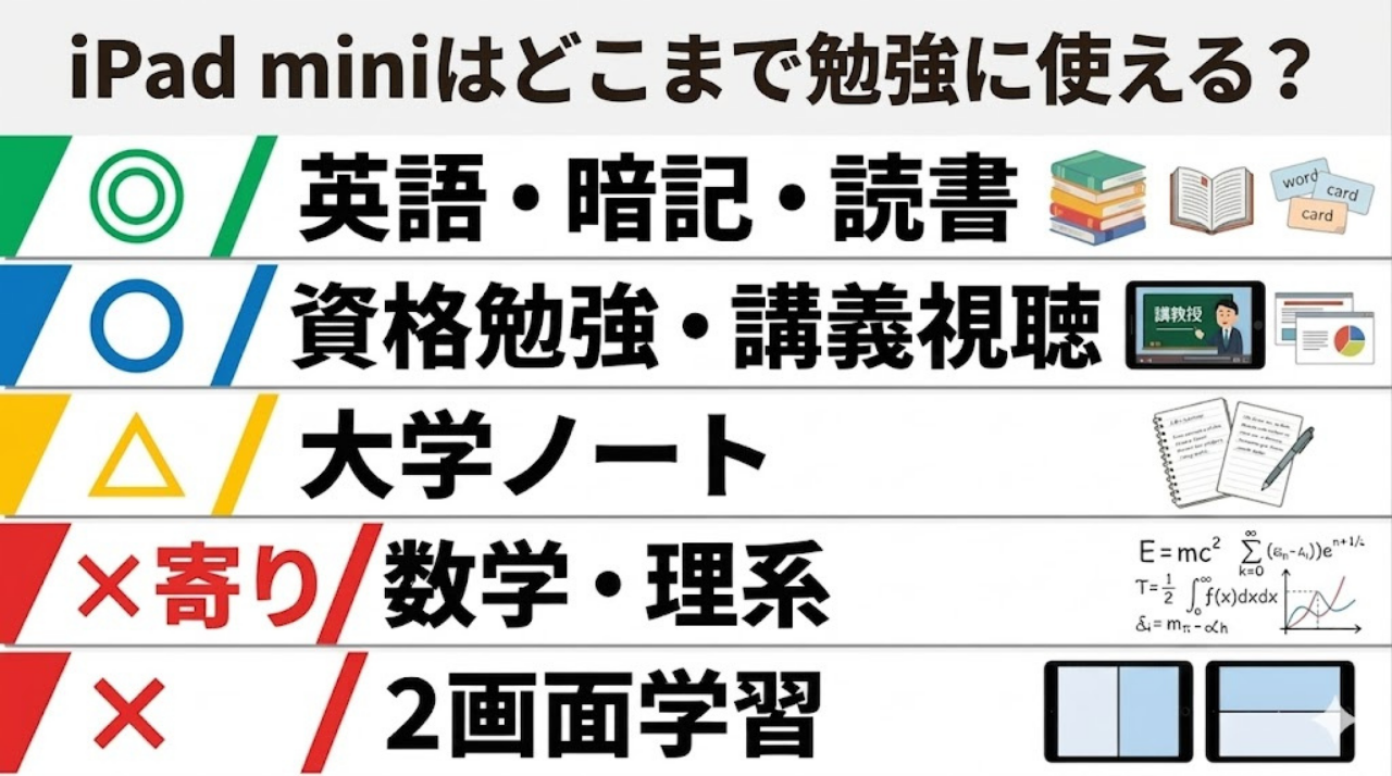 iPad miniが勉強用途ごとにどこまで使えるかを評価した比較図