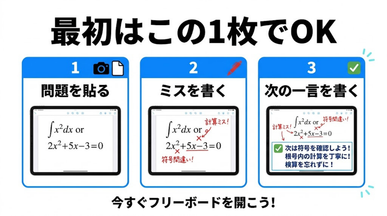 フリーボード初心者向けに、最初の1枚として解き直しノートを作る3ステップを示した図