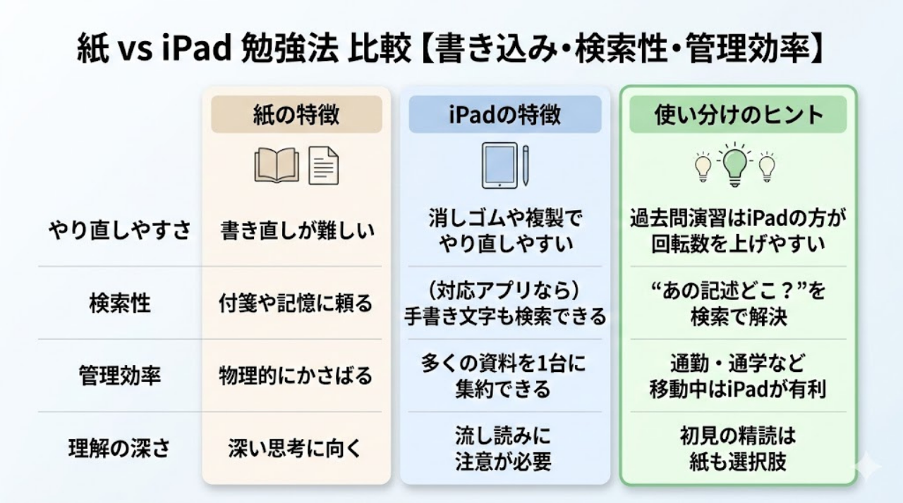紙の勉強とiPad勉強のメリット比較図