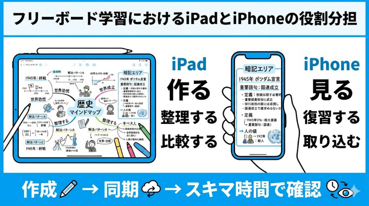 iPadとiPhoneでのフリーボード活用の違いを示した図。iPadは作成と整理、iPhoneは復習と確認に向いていることを示している