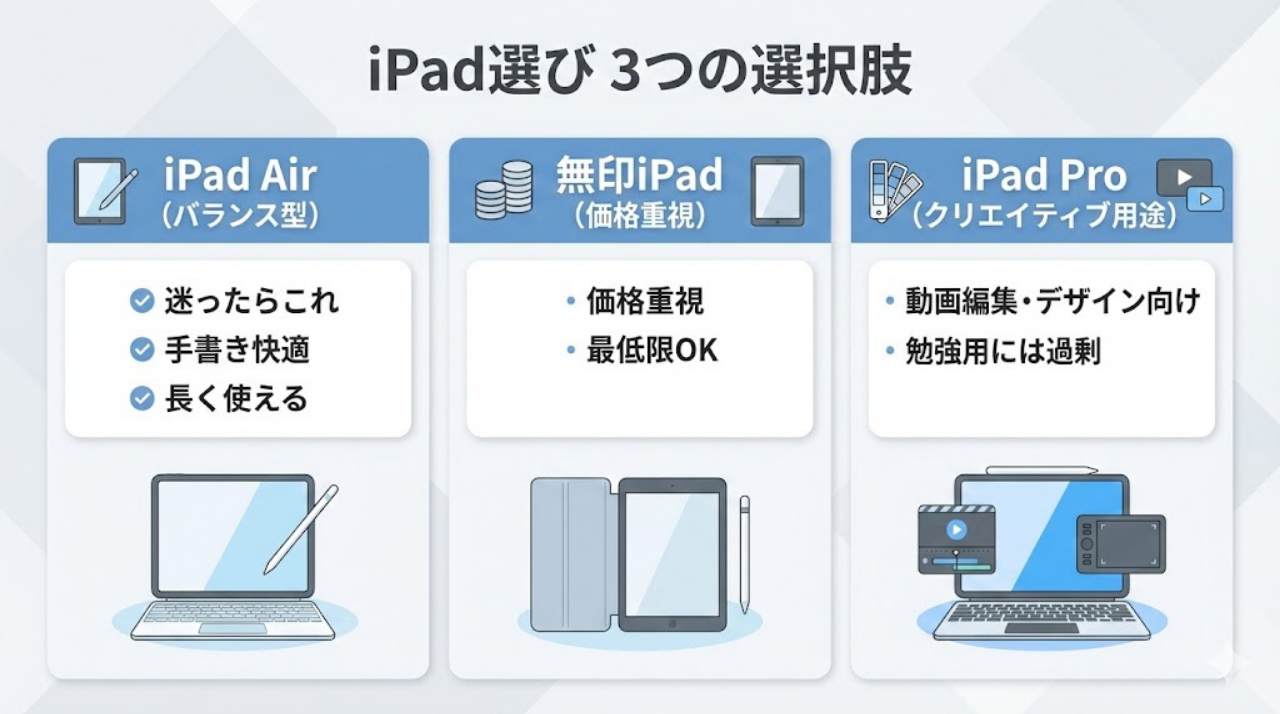 iPad Air・無印iPad・iPad Proの社会人向け用途比較図
