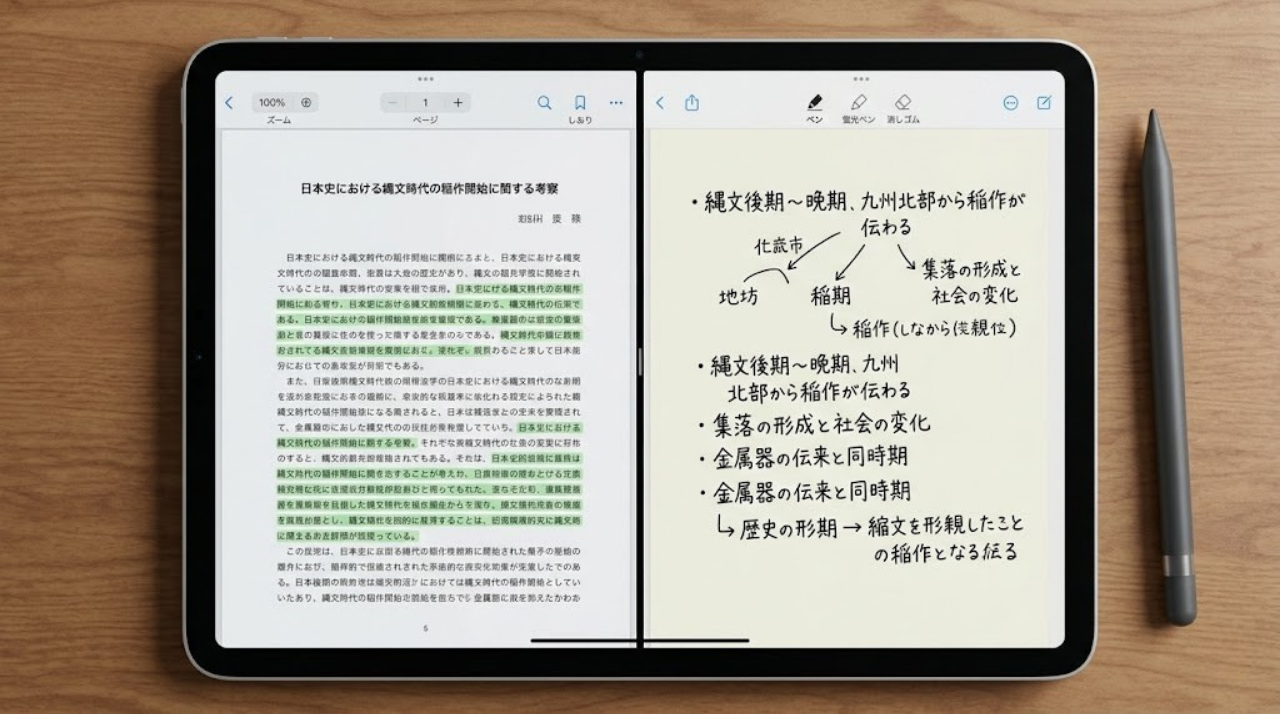 iPadのSplit ViewでPDFとノートを同時表示している画面イメージ