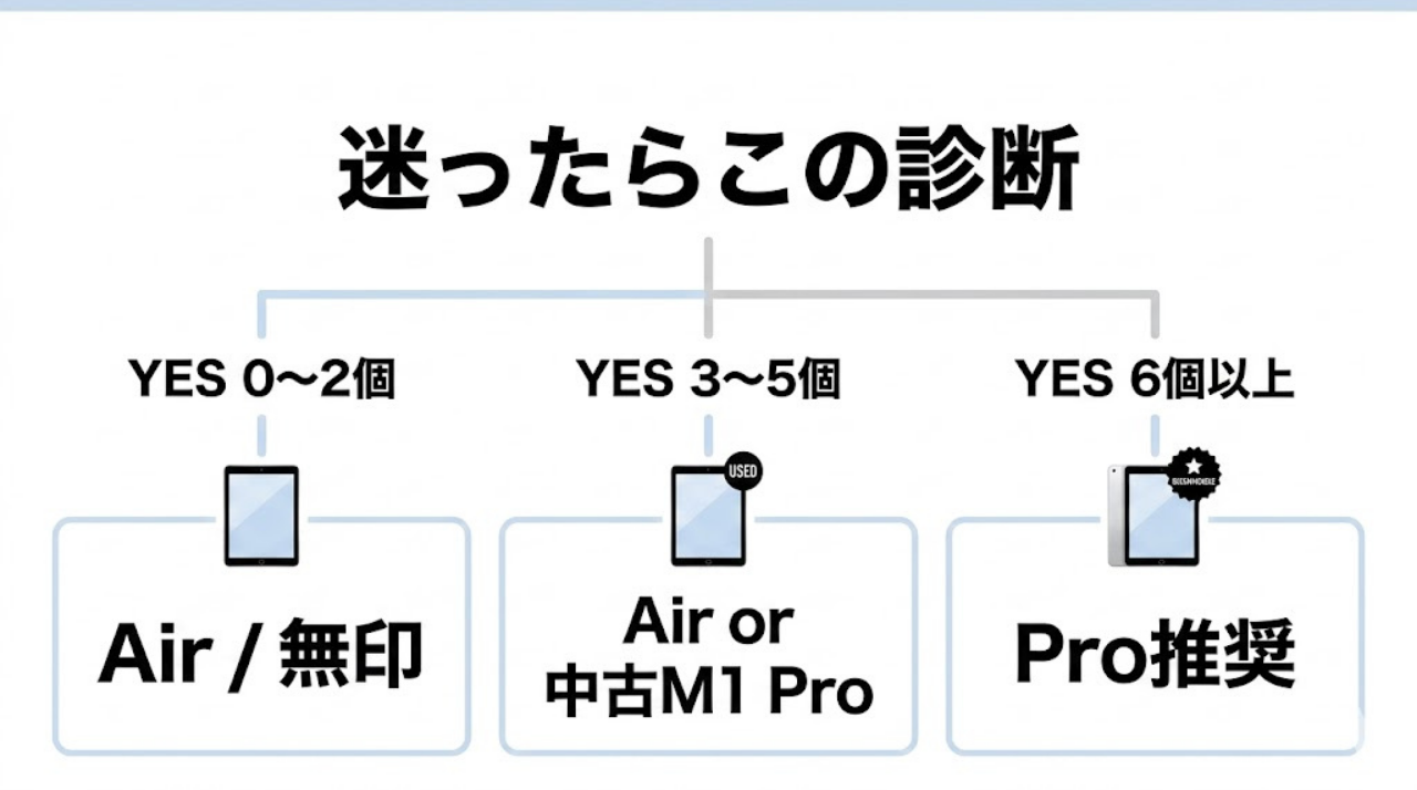 チェックリストのYES数に応じてAir、無印、またはProを選ぶ診断フロー図