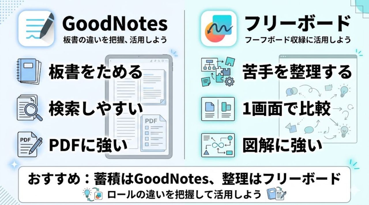 GoodNotesとフリーボードの違いを比較した図。GoodNotesは板書の蓄積、フリーボードは苦手分野の整理に向いていることを示している