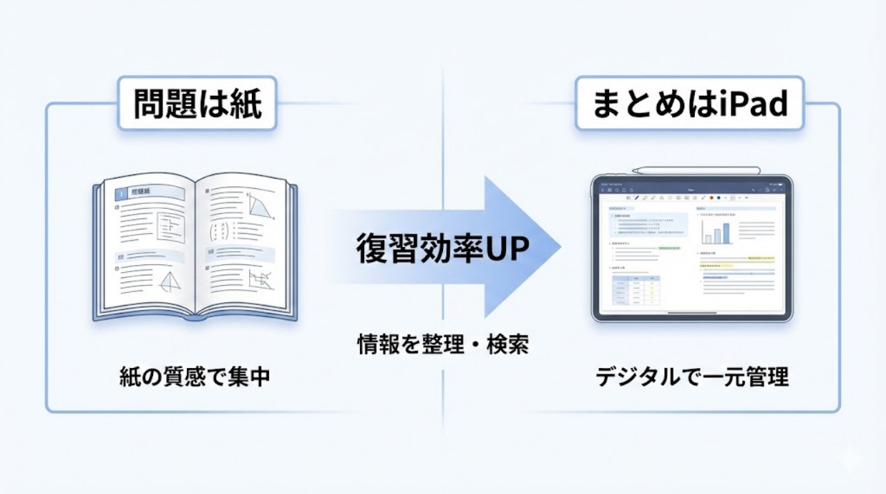 紙の問題集とiPadを組み合わせたハイブリッド学習の図