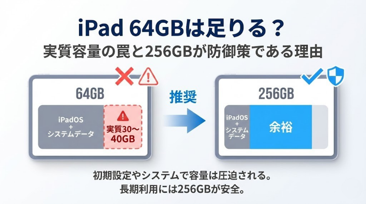 iPad 64GBの実質容量が30GB程度しか使えないことを示すインフォグラフィック