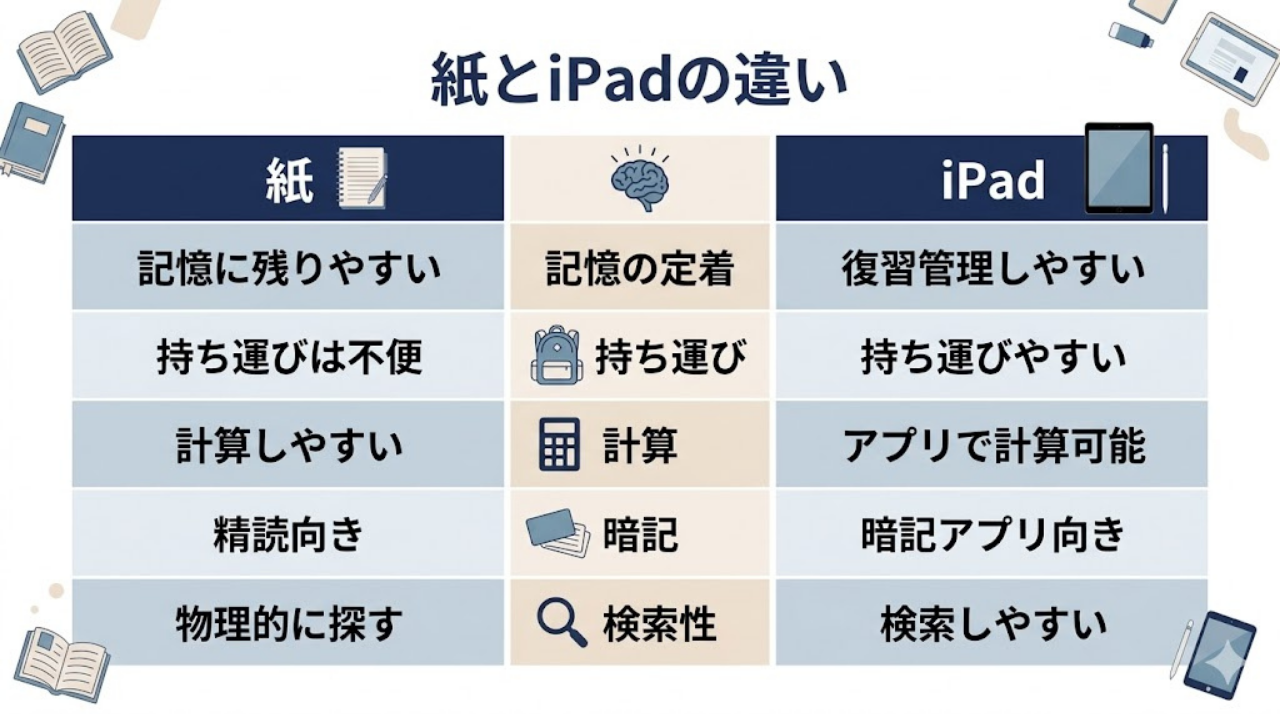 紙の勉強とiPad勉強の違いを記憶定着や持ち運びやすさで比較した日本語図表