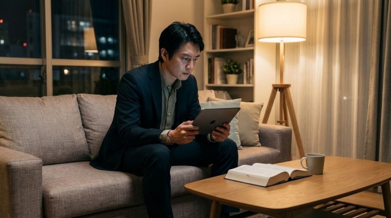 仕事終わりの社会人がiPadで勉強を始めようとしている様子