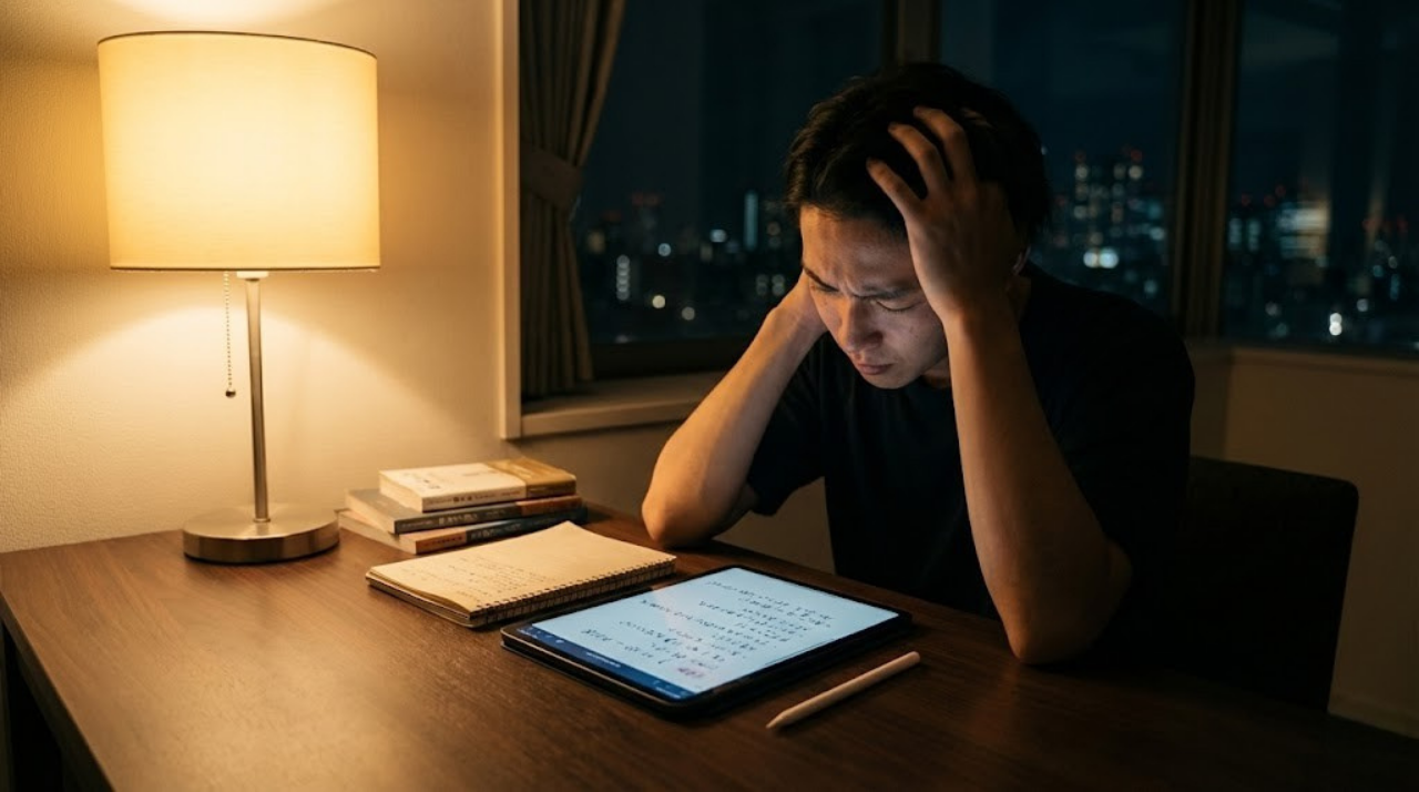 iPadで勉強しているが頭に入らず悩んでいる人のイメージ