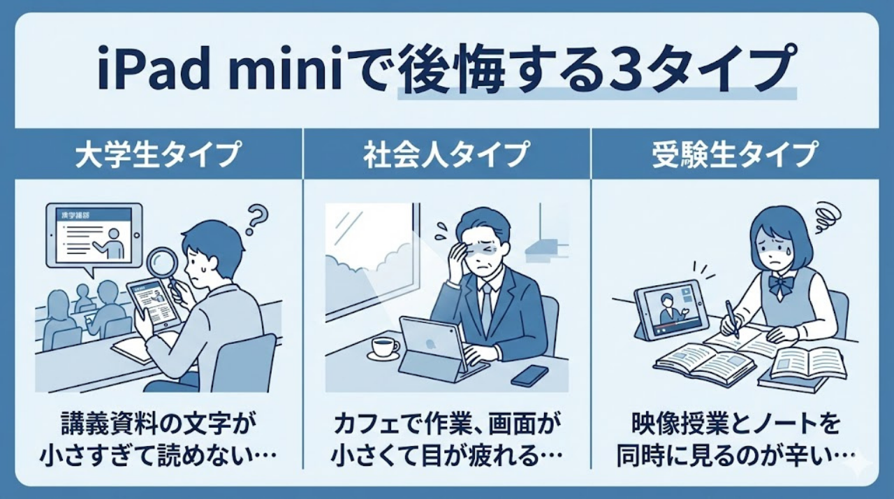 iPad miniで後悔する3タイプのイメージ図