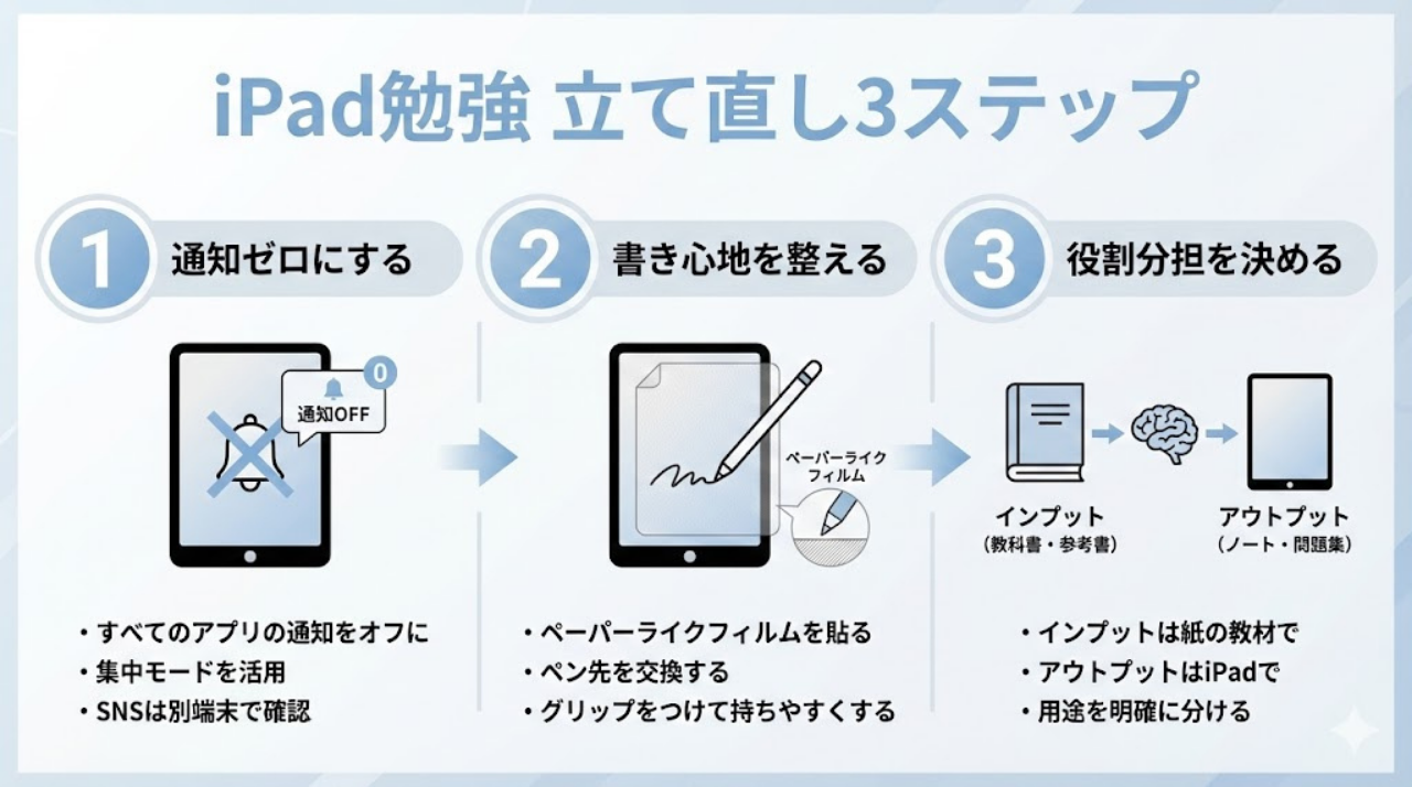 iPad勉強を立て直す3ステップを示した図