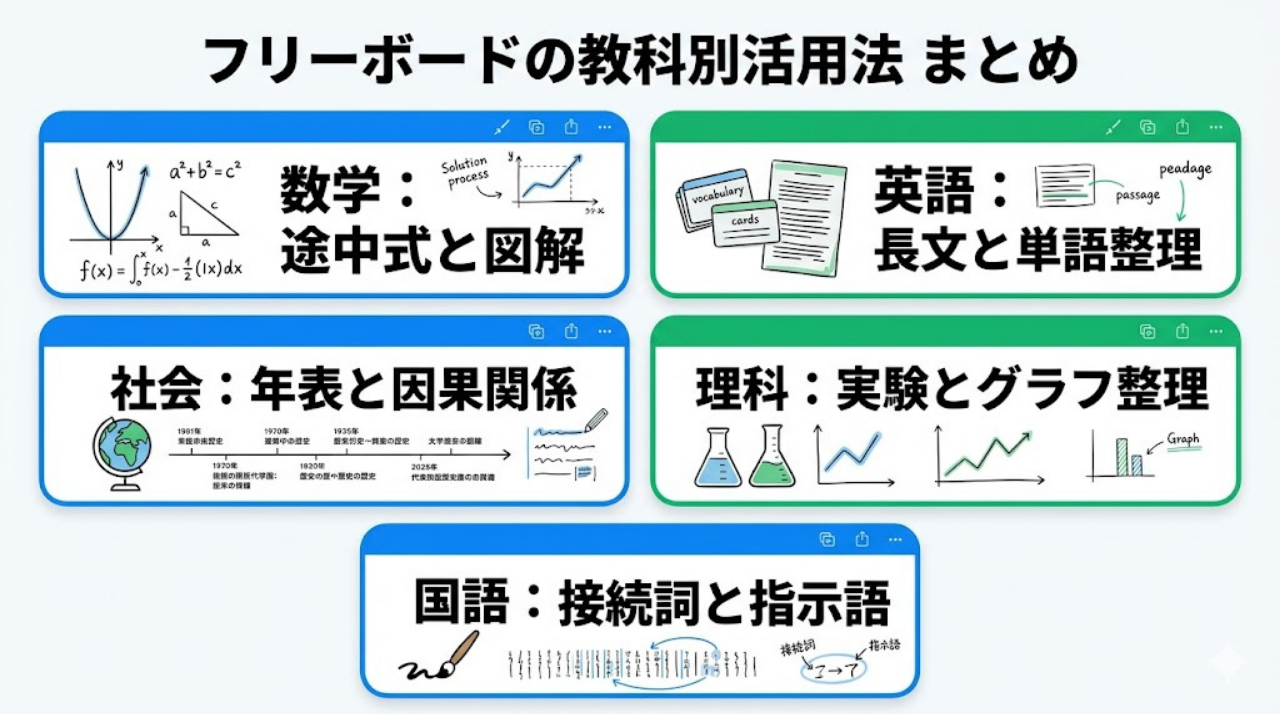 フリーボードの教科別活用法をまとめた図。数学、英語、社会、理科、国語での使い方を短く整理している